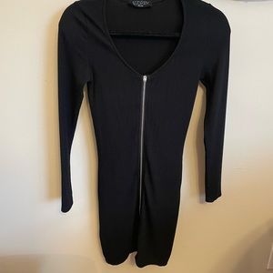 Black Long Sleeve Zip Up Little Black Dress